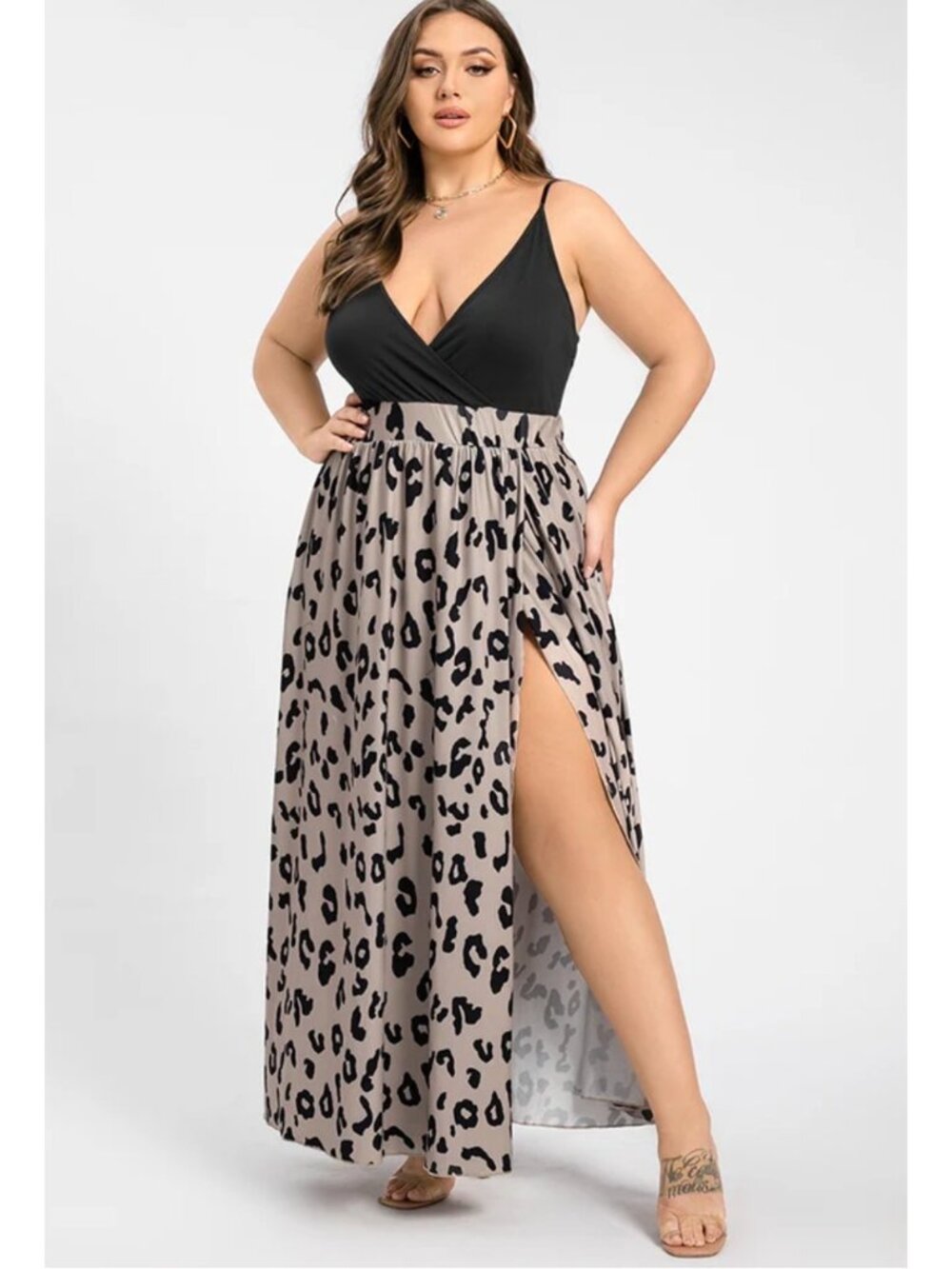 Leopard Patchwork V-Neck Split Thigh Cami Maxi DresS size XL